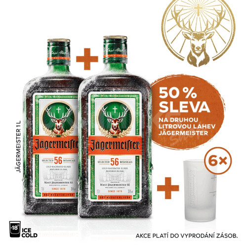 Jägermeister 1l 35% AKCE 1+1 s druhou lahví za polovinu + 6 panáků navíc